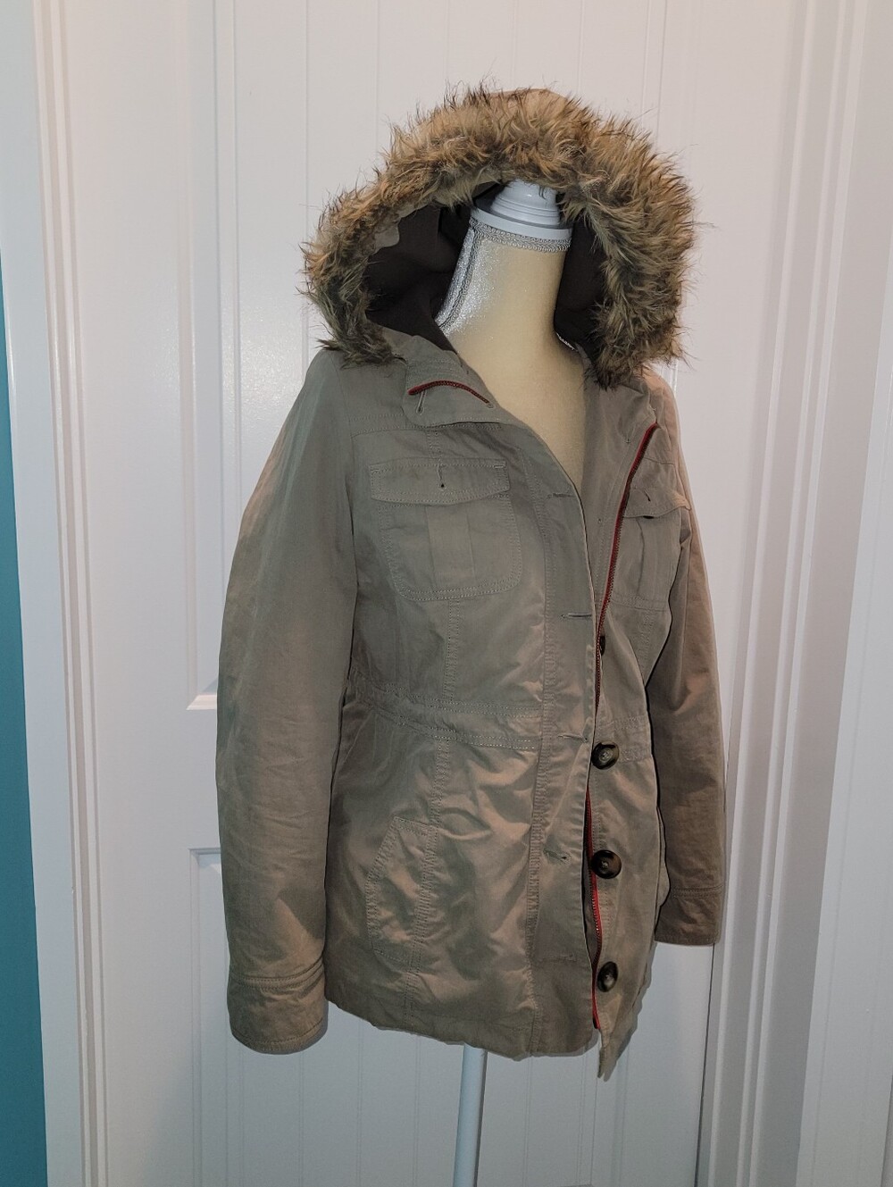 Old Navy Winter Jacket Womens S Tan Faux Fur Trim Hooded Parka Winter Coat